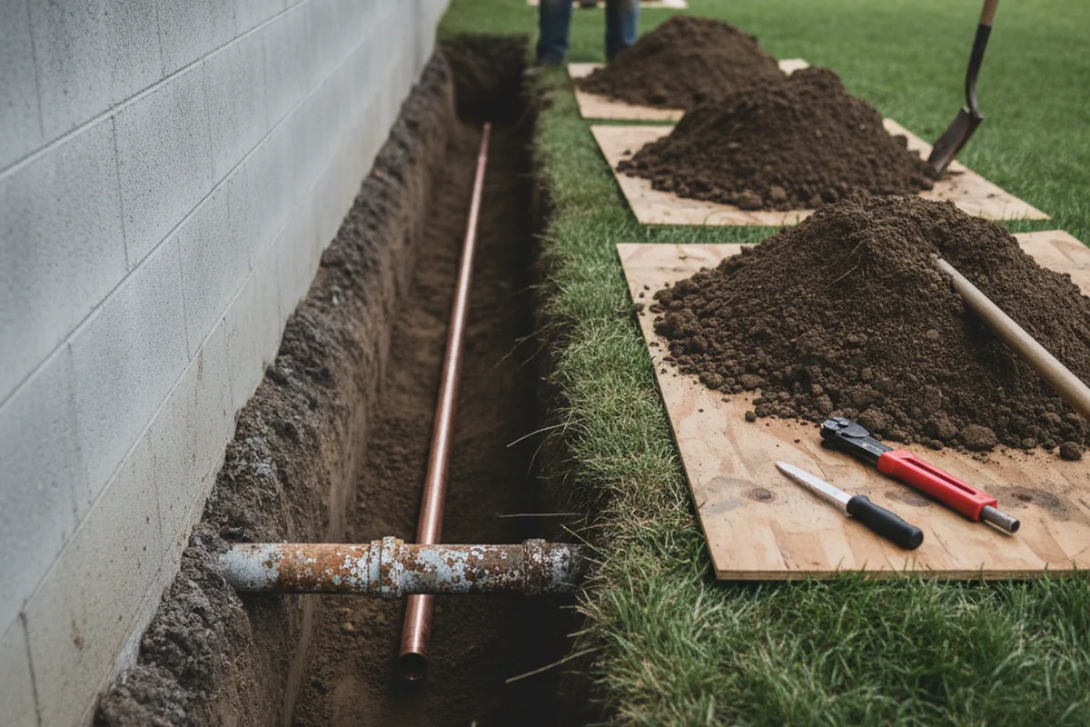Excavated water line trench during Water Heater Repair in Welcome